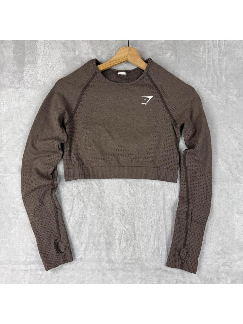 Gymshark Women Shirt L Brown Vital Crop Top Activewear Crew Neck Seamless Yoga